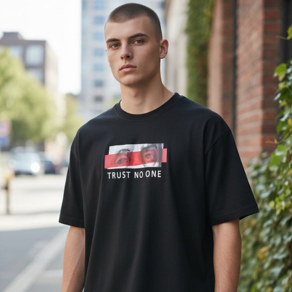 Men's Black Graphic T-Shirt - Red Tape Eye Design XL (A1)